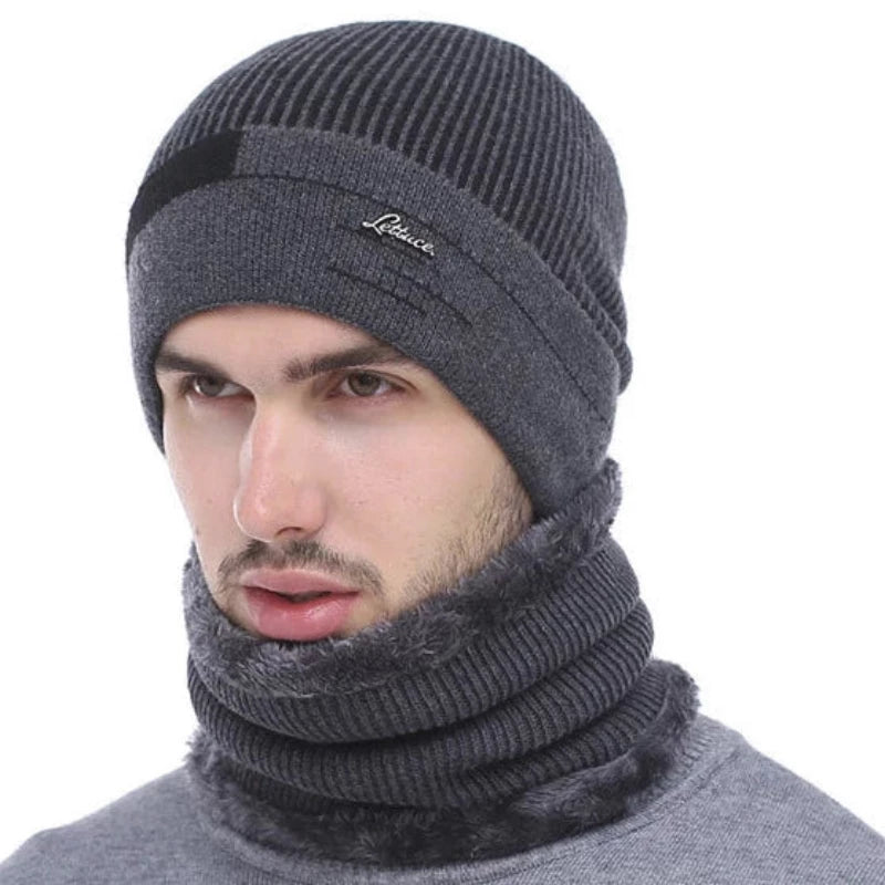 striped beanie on model front view with optional scarf 
