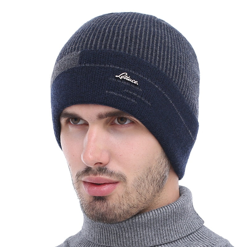 striped beanie on model with just hat 