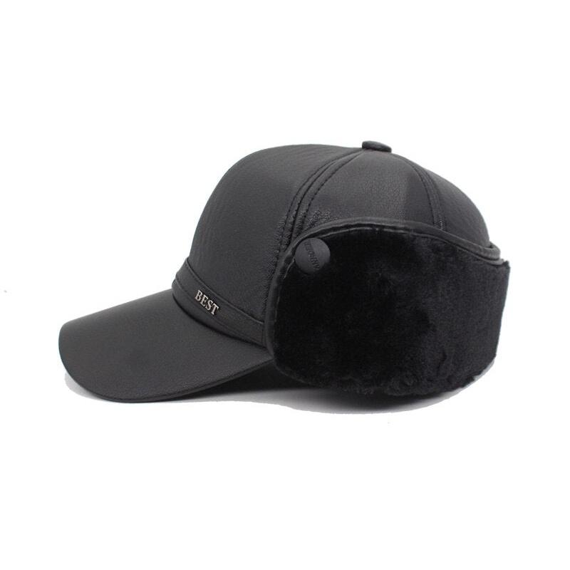 Faux Leather Baseball Cap With Earflaps