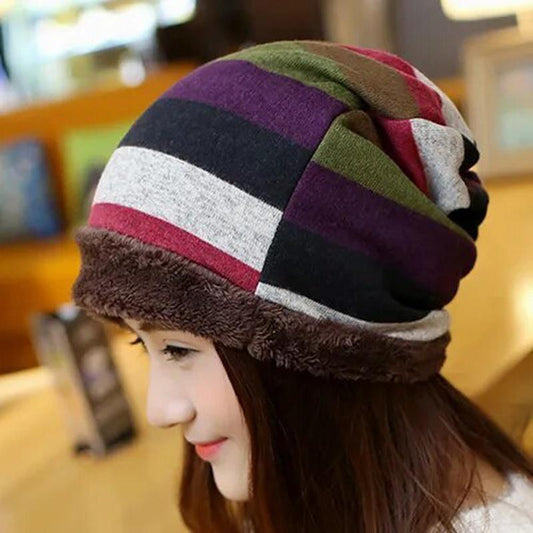 Stripped Beanie on model side view 