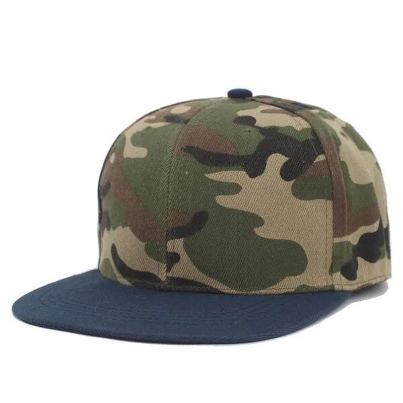 camouflage baseball hat front view with blue flat brim