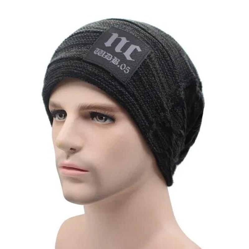 men slouchy beanie model view in dark grey