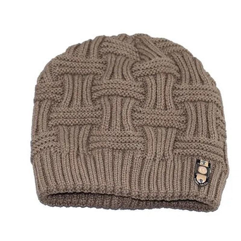 Knit Patterned Beanie with Gold Emblem Logo