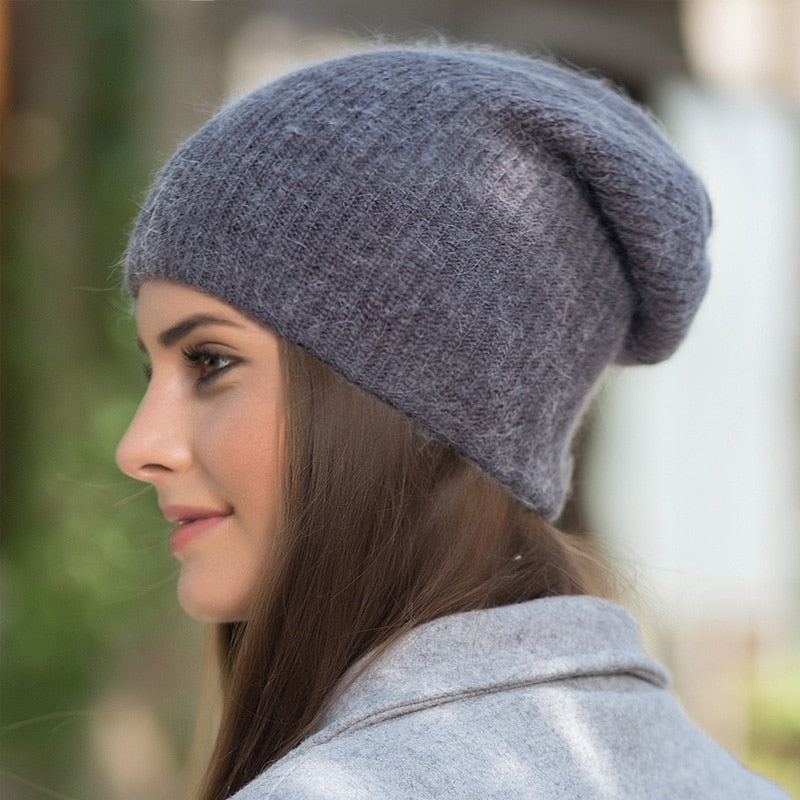 soft beanie on model in gray
