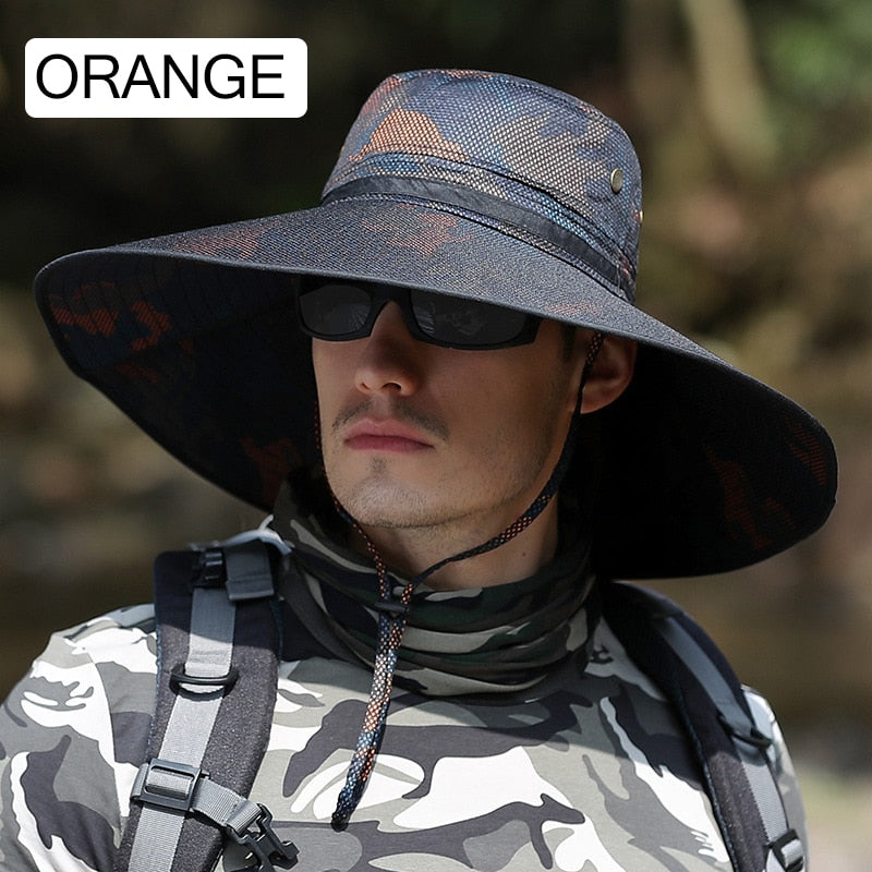 camouflage bucket hat on model in orange 