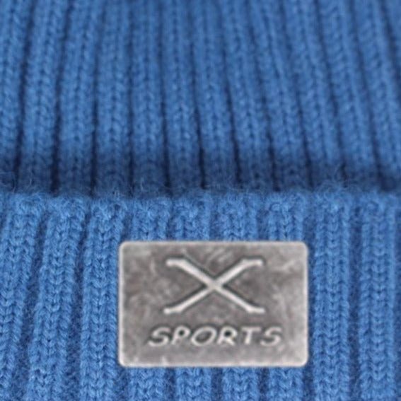 fishermans beanie showing closeup of logo 