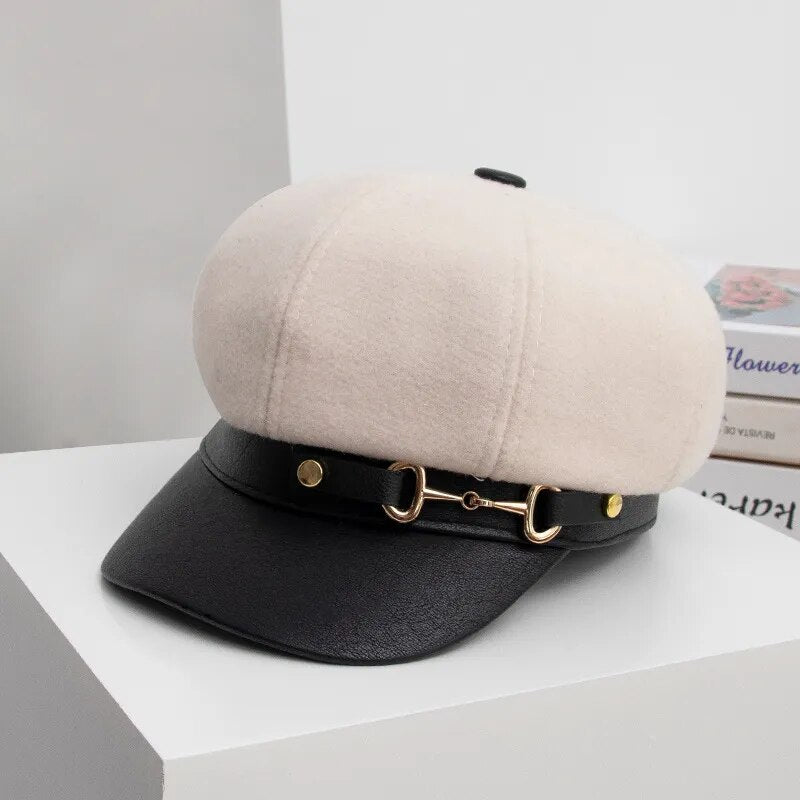 Octagonal Trendy Beret Wit Brim, Buckle and Gold Accents