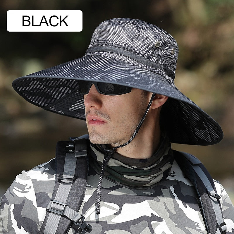 camouflage bucket hat on model in black