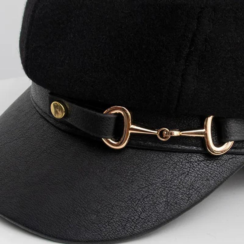Octagonal Trendy Beret Wit Brim, Buckle and Gold Accents