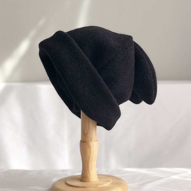 bunny ear beanie in black on stand