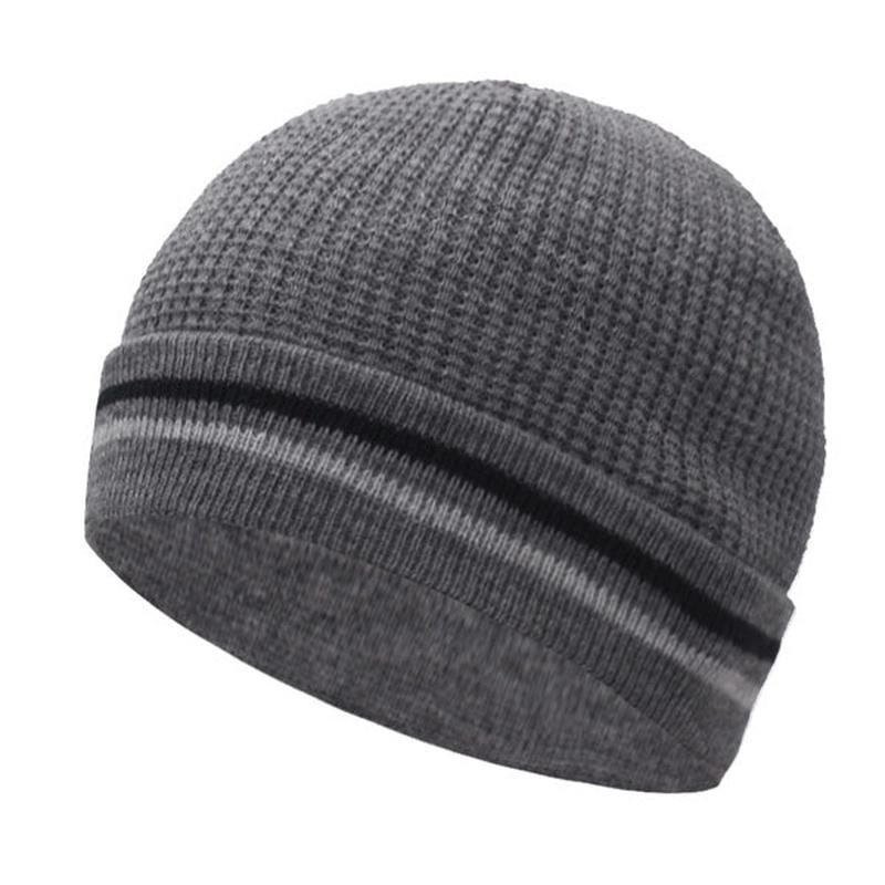 striped knit hat in light gray side view 