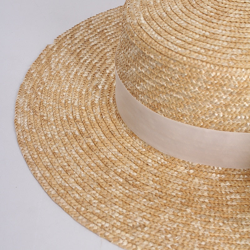 Classic Flat Straw Hat With White Ribbon