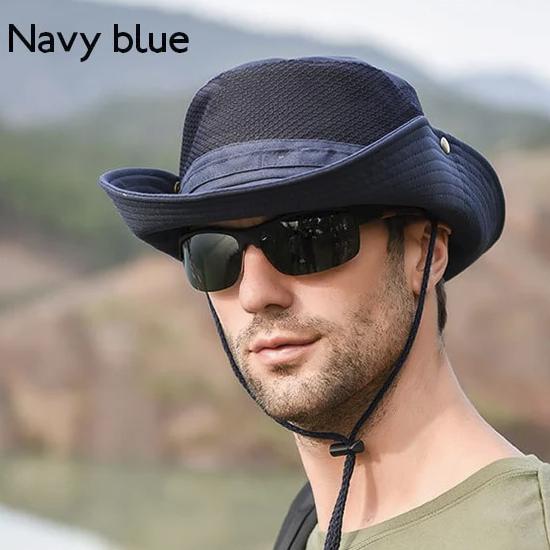 fishermans hat in navy blue on model 
