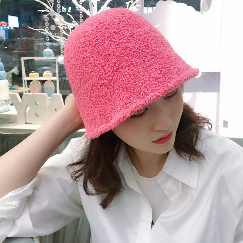 Fuzzy Bucket Hat on model in pink front view