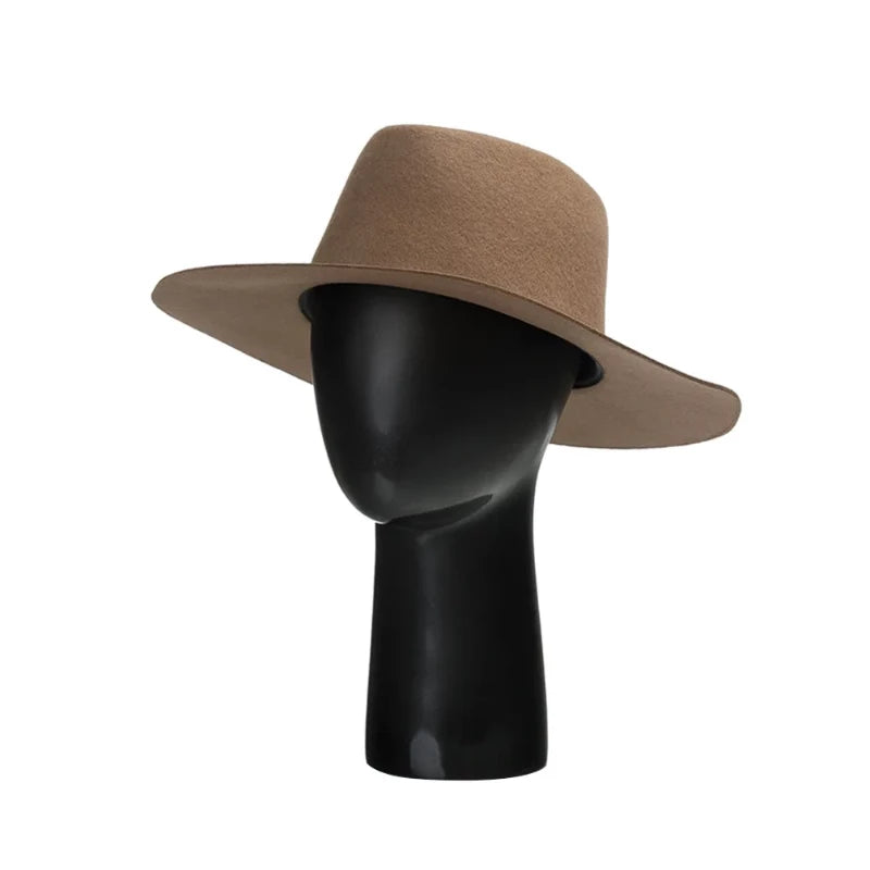 wool fedora hat on a stand showing front view of hat 