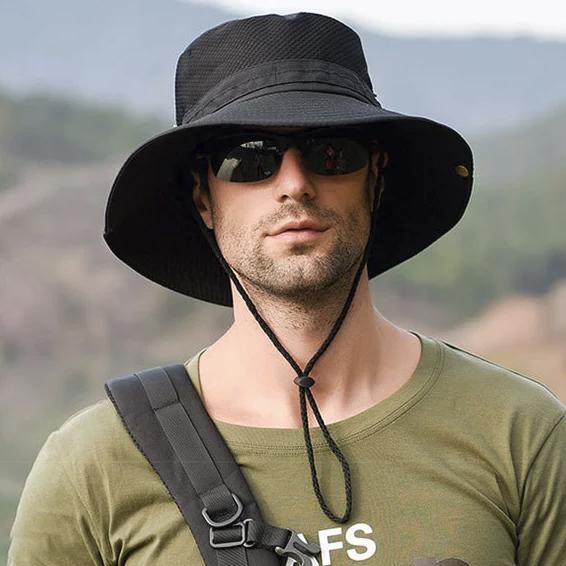 fishermans hat closeup on model with a direct front view