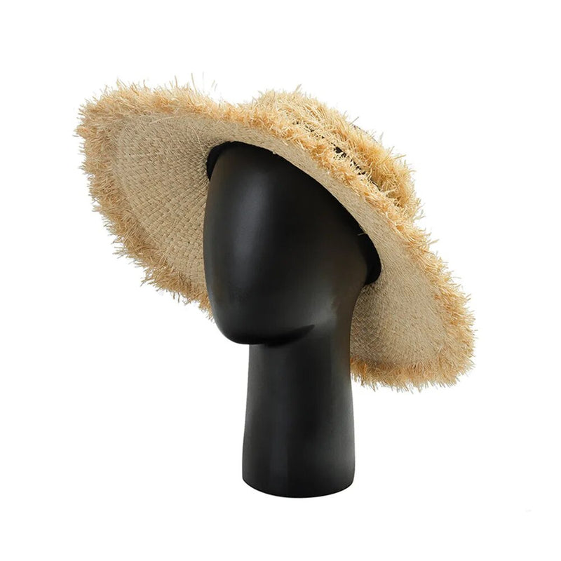 sun hat with ponytail hole on stand showing front view 