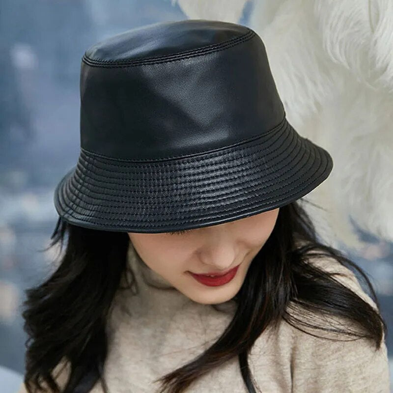 Leather Bucket Hat on model side view