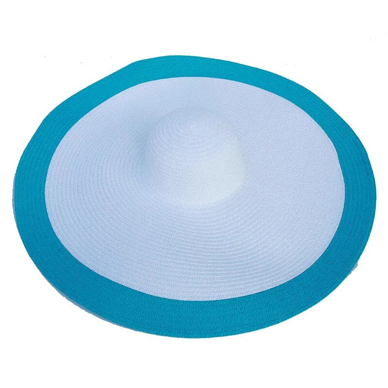 Large sun hat laying flat in blue and white