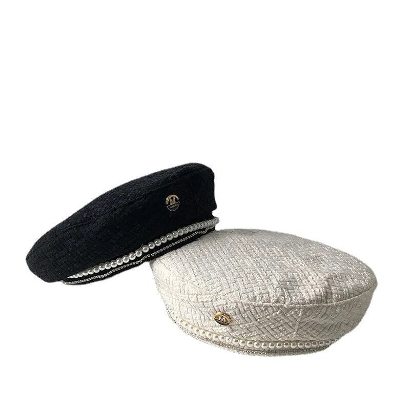 Retro French Beret with Pearl Adornments