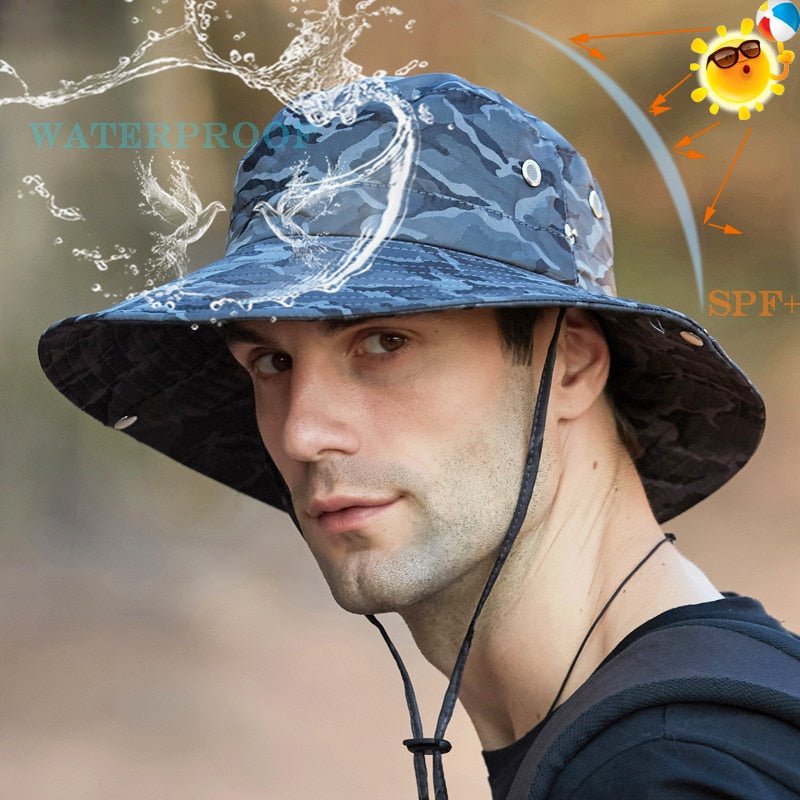 camo bucket hat on model simulating that its waterproof