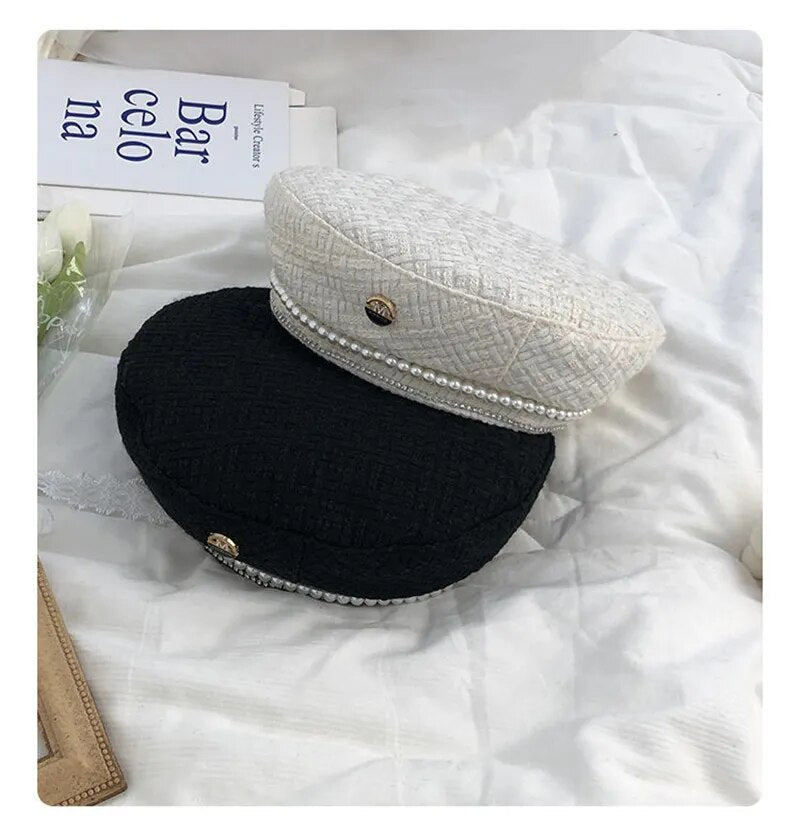 Retro French Beret with Pearl Adornments