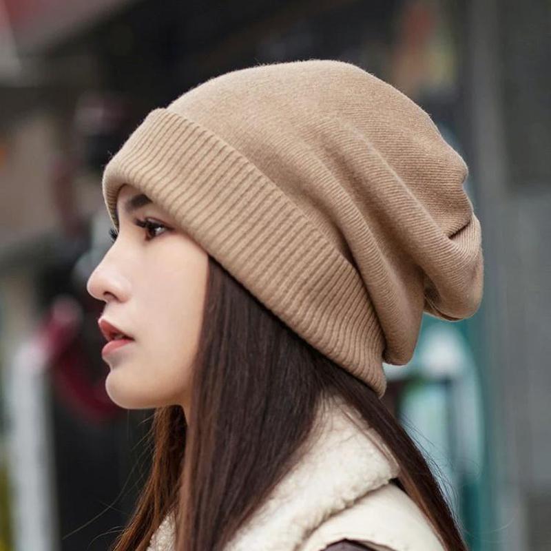 Slouchy Beanie Womens in tan on model