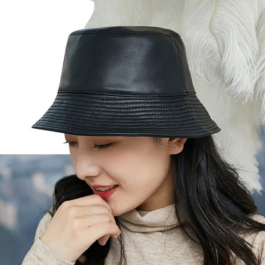 Leather Bucket Hat front view on model