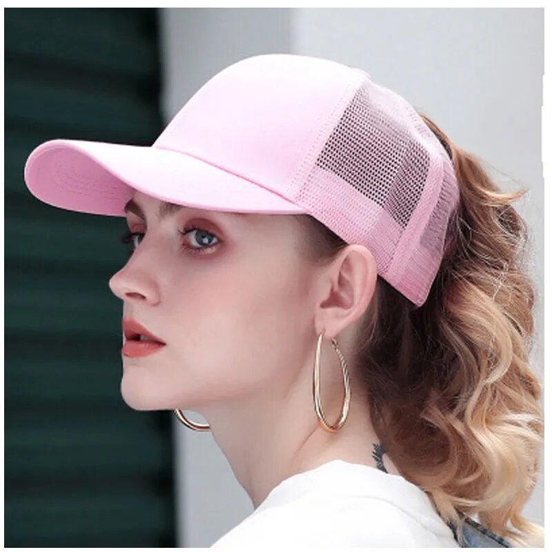 Womens Trucker Hat in light pink on a model