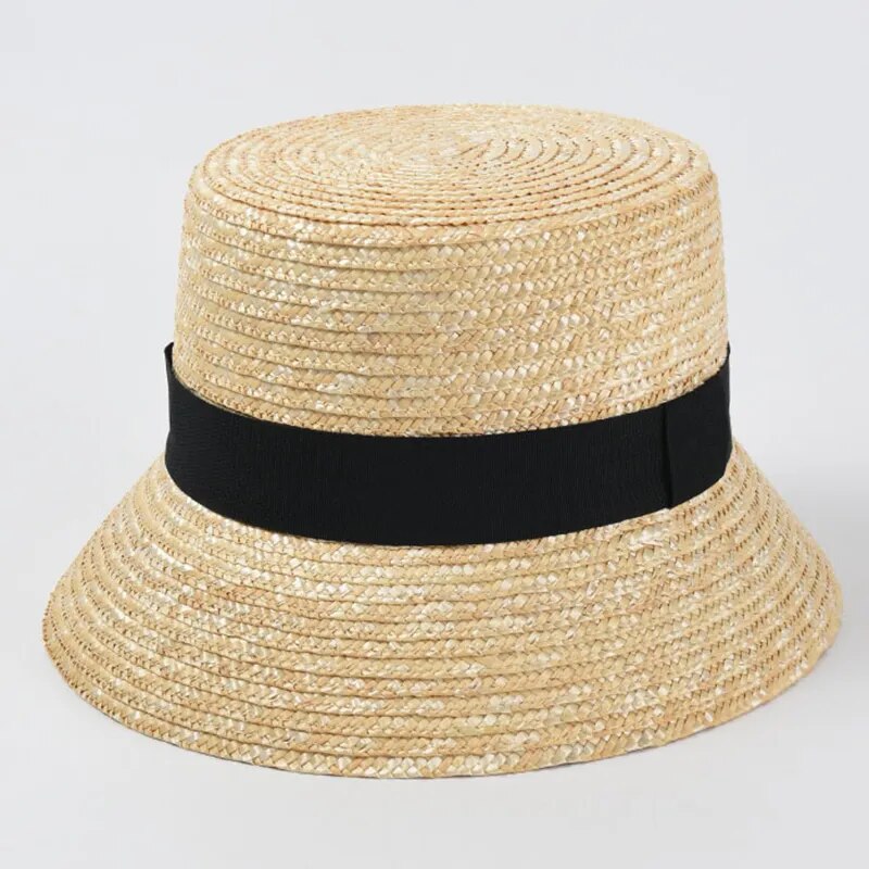 straw bucket hat closeup of hat showing black ribbon