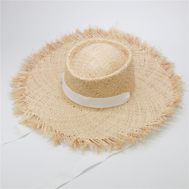 wide brim sun hat showing white ribbon color