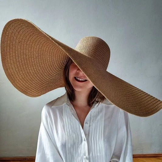 Large sun hat on model front view in brown color