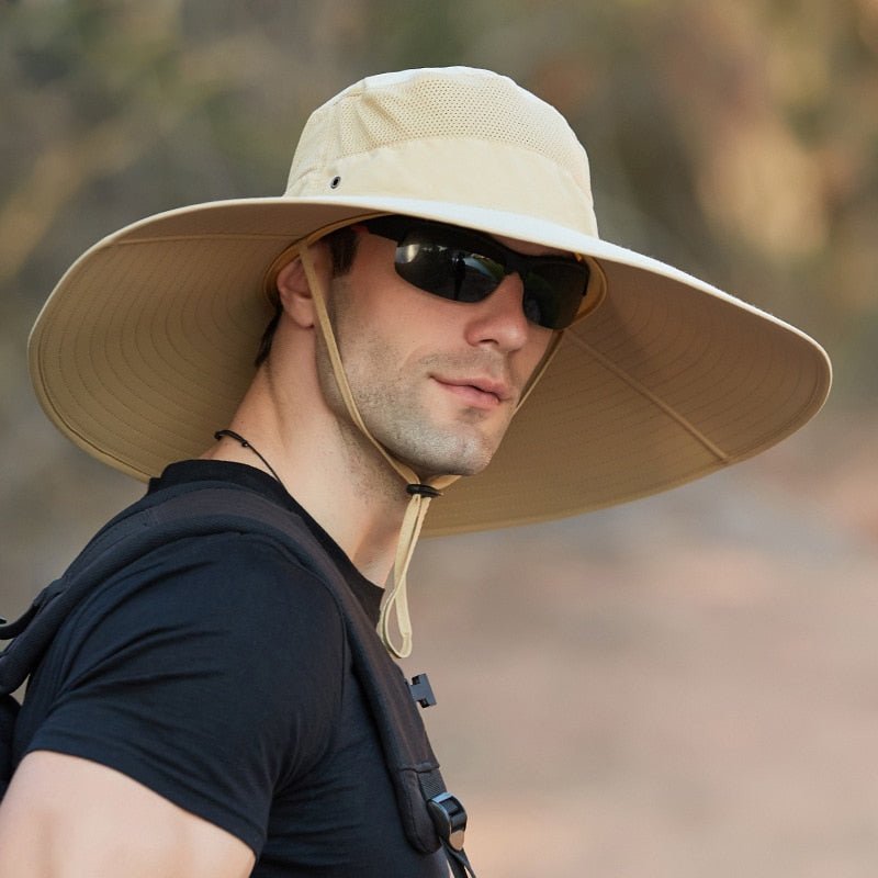 wide brim bucket hat in khaki on model