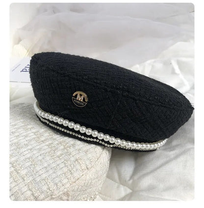 Beret with Pearls in black showing front view 