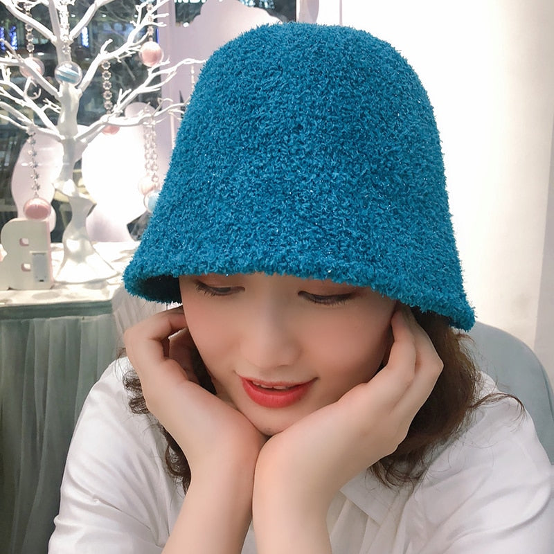 Fuzzy Bucket Hat on model in blue front view