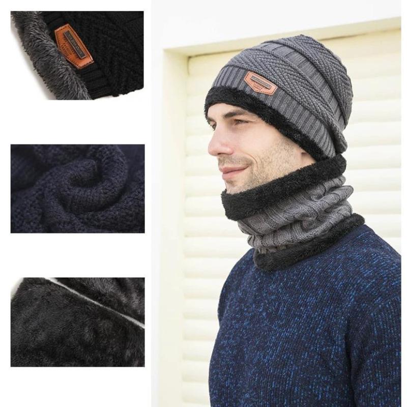 Patchwork Faux Fur Lined Beanie with Matching Neck Pullover (2 piece set)