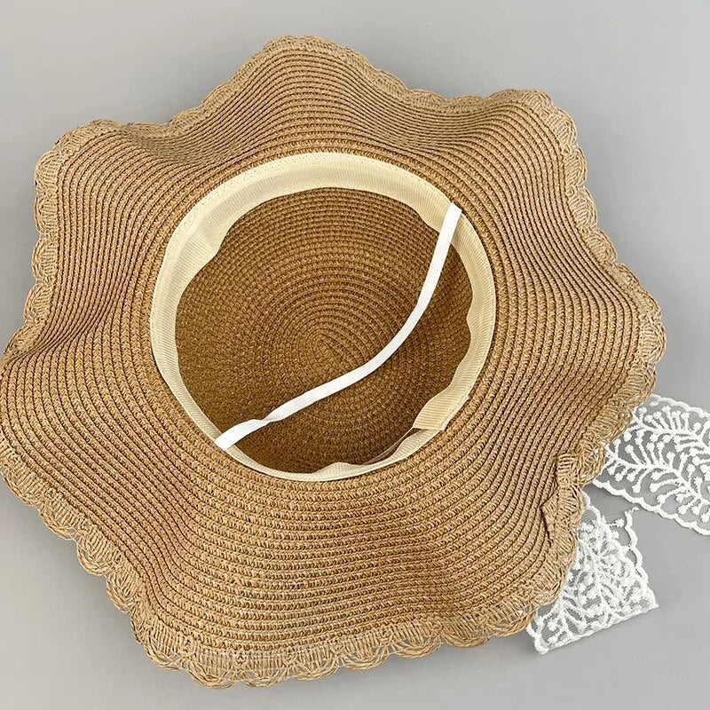Straw and Lace Bow Cute Breathable Sun Hat