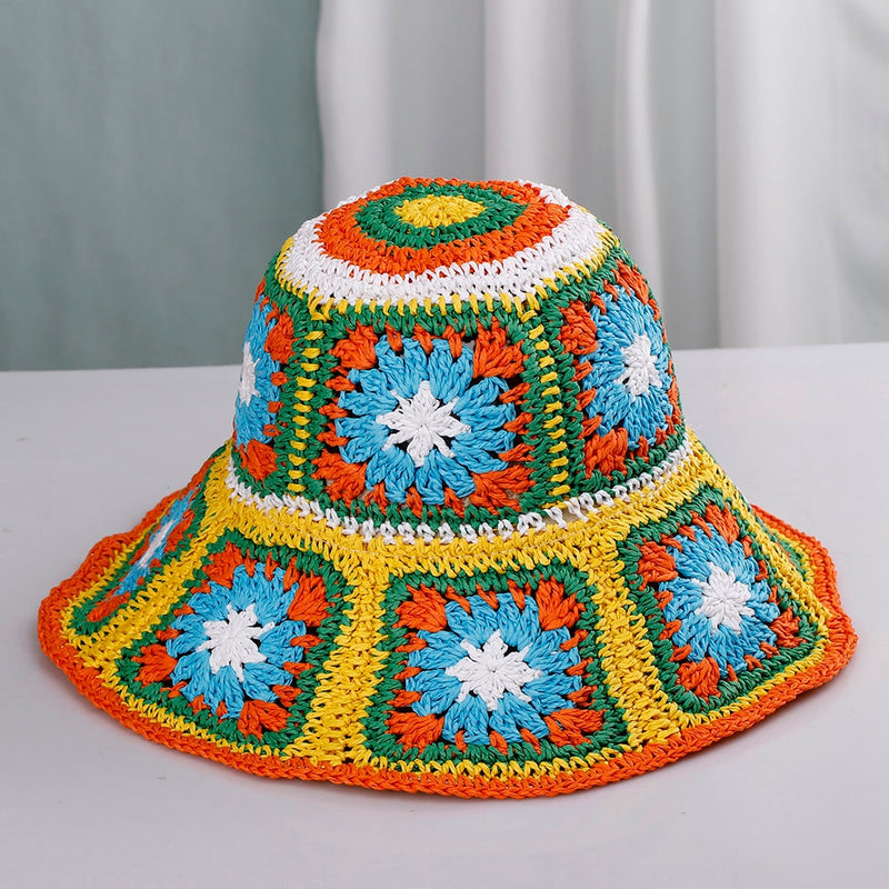 knit bucket hat in yellow, blue and orange 