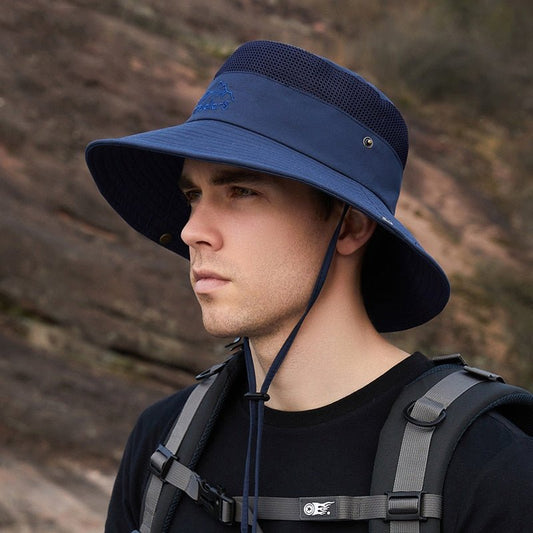 Camping Hat on model in blue