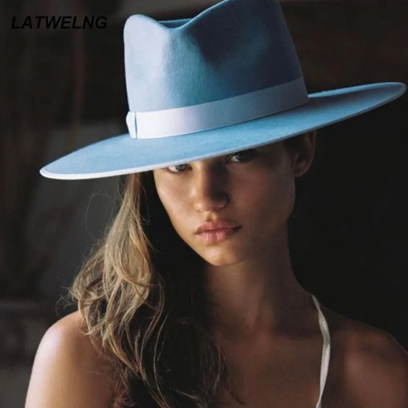 fedora sun hat closeup of blue hat on model