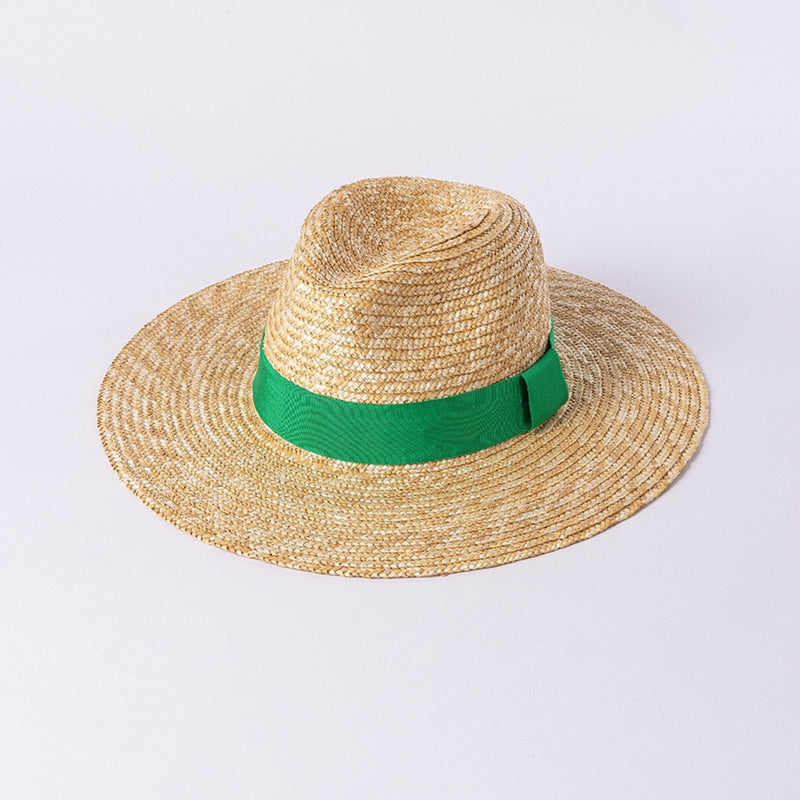 straw hat with ribbon in bright green