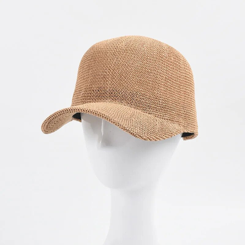 straw baseball cap showing front of cap on stand 