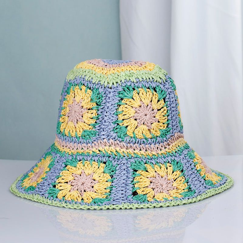 knit bucket hat in light green, yellow and purple