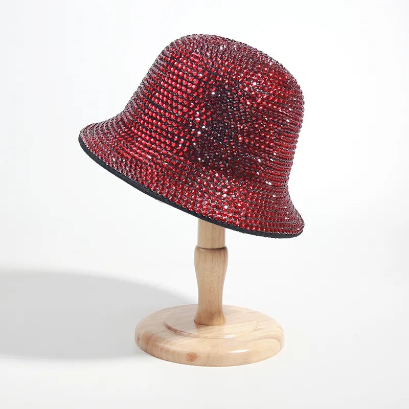Sequins Bucket Hat showing red hat on stand