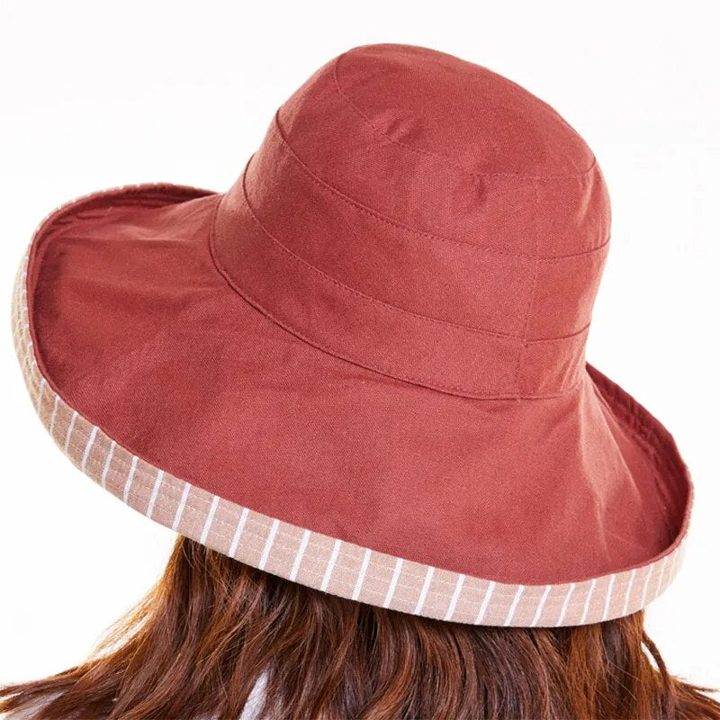 brimmed sun hat in red showing back of hat 