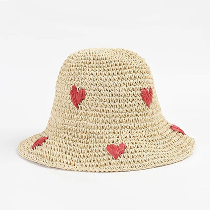 crochet bucket hats front view of the hearts hat in tan