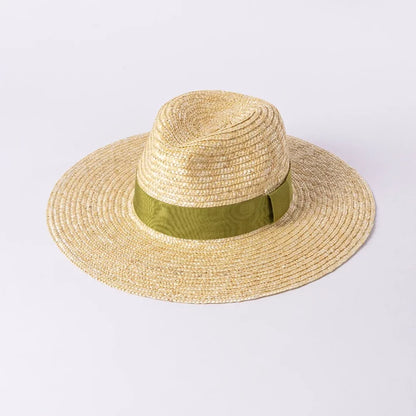 straw hat with ribbon in army green