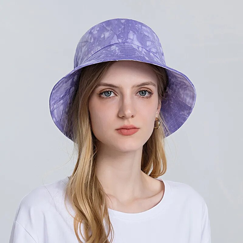Tie Dye Bucket Hat on model in purple front view 