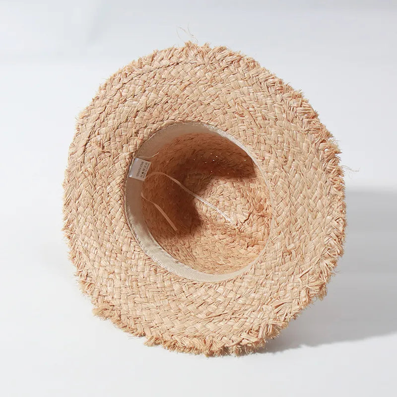 Classic Raffia Straw with Black Ribbon and Frayed Edges