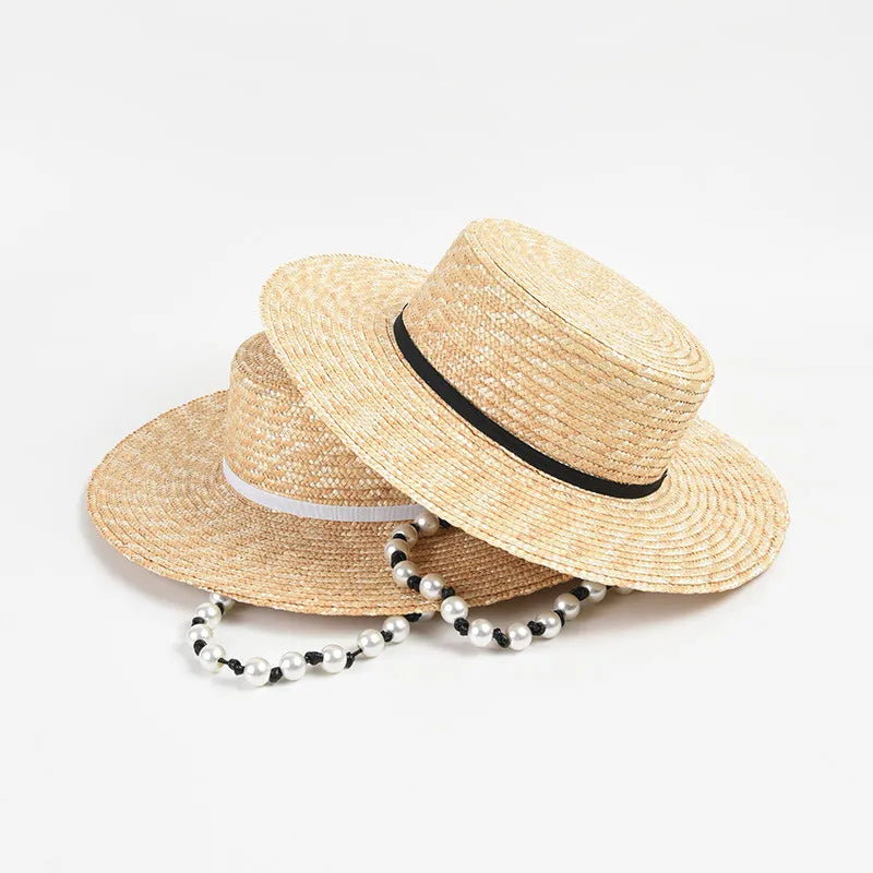 straw hat with pearl chain showing both color options of hat 